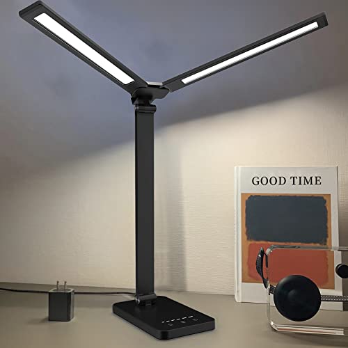 DioFgt Double Head LED Desk Lamp,Dual Swing-arm Table Lamp for Home Office,5 Color Modes and 5 Dimmable,Modern Eye-Caring Piano Lamp with 30/60 min Auto Timer,Touch Control, USB Charging Port