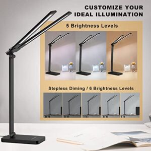 DioFgt Double Head LED Desk Lamp,Dual Swing-arm Table Lamp for Home Office,5 Color Modes and 5 Dimmable,Modern Eye-Caring Piano Lamp with 30/60 min Auto Timer,Touch Control, USB Charging Port