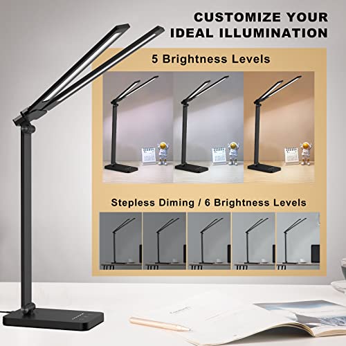 DioFgt Double Head LED Desk Lamp,Dual Swing-arm Table Lamp for Home Office,5 Color Modes and 5 Dimmable,Modern Eye-Caring Piano Lamp with 30/60 min Auto Timer,Touch Control, USB Charging Port