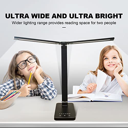 DioFgt Double Head LED Desk Lamp,Dual Swing-arm Table Lamp for Home Office,5 Color Modes and 5 Dimmable,Modern Eye-Caring Piano Lamp with 30/60 min Auto Timer,Touch Control, USB Charging Port