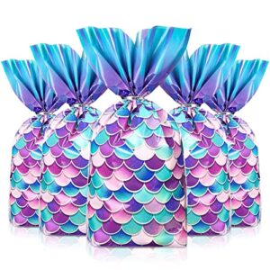 frienda 100 pcs mermaid party favors bags goodie candy wide bottom cellophane treat with silver twist ties for birthday girls supplies (elegant style)