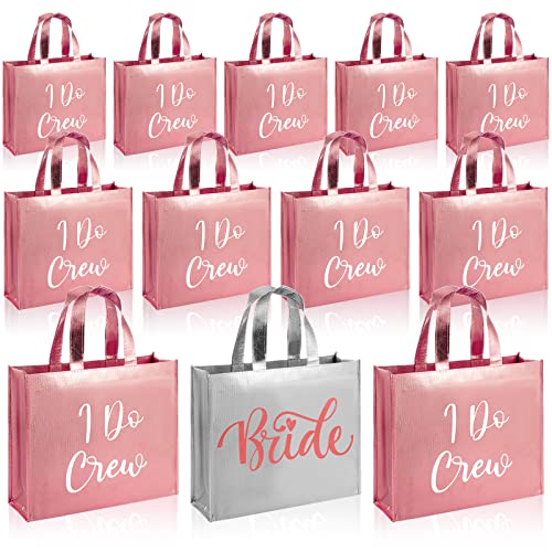 12 Pcs Bridesmaid Gift Bags with I Do Crew Gift Bags Glossy Reusable Grocery Bags for Bridal Gift (Silver, Rose Gold)