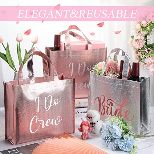 12 Pcs Bridesmaid Gift Bags with I Do Crew Gift Bags Glossy Reusable Grocery Bags for Bridal Gift (Silver, Rose Gold)