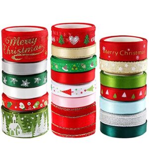 20 pieces 3 size christmas ribbons for craft holiday printed grosgrain organza satin ribbons metallic glitter fabric ribbons bulk gift wrapping bow(20x2yd)