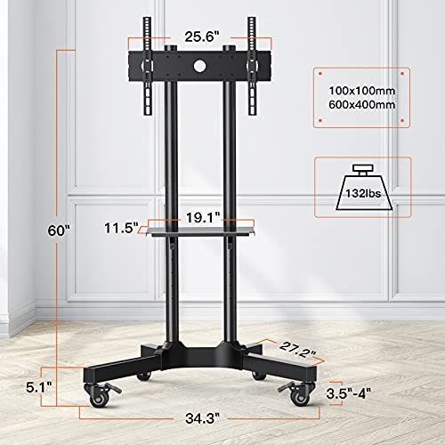 Mobile TV Cart for 32-83 Inch TVs Rolling TV Stand with Height Adjustable Tray Max VESA 600x400mm Holds up to 132lbs LED/LCD/OLED Flat/Curved TVs Portable TV Stand with Lockable Wheels- PGTVMC01