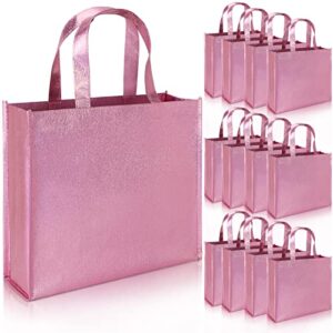 PHOGARY 12 Large Gift Bags with Handles (Pink), Stylish Tote Bags for Birthday Wedding Party Favor Christmas Present Wrap, Reusable Glossy Grocery Bags, non-woven fabric