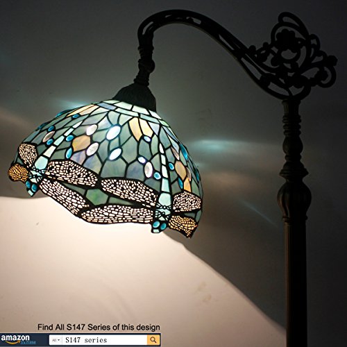 WERFACTORY Tiffany Floor Lamp Sea Blue Stained Glass Dragonfly Arched Lamp 12X18X64 Inches Gooseneck Adjustable Corner Standing Reading Light Decor Bedroom Living Room S147 Series