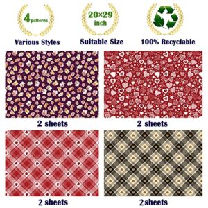 GIOLNIAY Valentine's Day Wrapping Paper for Men Women - Red Heart, White&Red Plaid, Brown&Black Plaid, Pink Gift Wrap for Wedding, Birthday, Mother's Day, Father's Day, 74*52CM per Sheet (8 Folded Sheets), Recyclable, Easy to Store