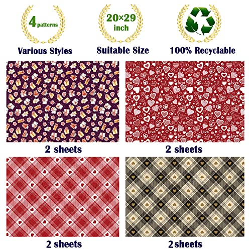 GIOLNIAY Valentine's Day Wrapping Paper for Men Women - Red Heart, White&Red Plaid, Brown&Black Plaid, Pink Gift Wrap for Wedding, Birthday, Mother's Day, Father's Day, 74*52CM per Sheet (8 Folded Sheets), Recyclable, Easy to Store