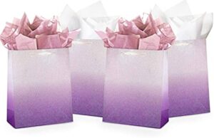 uniqooo 12pcs ombre purple gift bags bulk w/ 24 tissue paper, 9 x 7 x 4 in, gradient pastel glitter paper gift wrap bag, recyclable gift packaging for wedding birthday mother’s day baby shower party favor décor