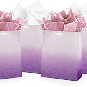 UNIQOOO 12Pcs Ombre Purple Gift Bags Bulk w/ 24 Tissue Paper, 9 x 7 x 4 In, Gradient Pastel Glitter Paper Gift Wrap Bag, Recyclable Gift Packaging for Wedding Birthday Mother's Day Baby Shower Party Favor Décor