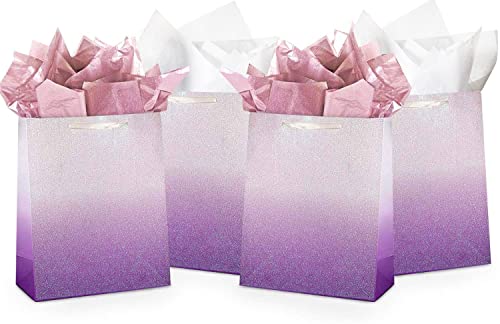 UNIQOOO 12Pcs Ombre Purple Gift Bags Bulk w/ 24 Tissue Paper, 9 x 7 x 4 In, Gradient Pastel Glitter Paper Gift Wrap Bag, Recyclable Gift Packaging for Wedding Birthday Mother's Day Baby Shower Party Favor Décor