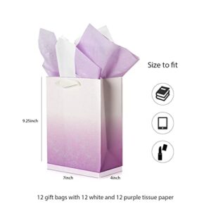 UNIQOOO 12Pcs Ombre Purple Gift Bags Bulk w/ 24 Tissue Paper, 9 x 7 x 4 In, Gradient Pastel Glitter Paper Gift Wrap Bag, Recyclable Gift Packaging for Wedding Birthday Mother's Day Baby Shower Party Favor Décor