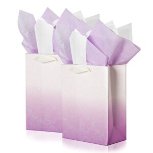 UNIQOOO 12Pcs Ombre Purple Gift Bags Bulk w/ 24 Tissue Paper, 9 x 7 x 4 In, Gradient Pastel Glitter Paper Gift Wrap Bag, Recyclable Gift Packaging for Wedding Birthday Mother's Day Baby Shower Party Favor Décor