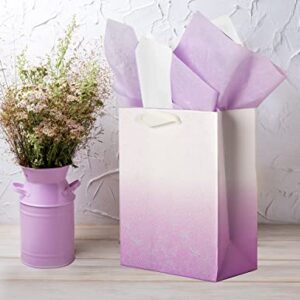 UNIQOOO 12Pcs Ombre Purple Gift Bags Bulk w/ 24 Tissue Paper, 9 x 7 x 4 In, Gradient Pastel Glitter Paper Gift Wrap Bag, Recyclable Gift Packaging for Wedding Birthday Mother's Day Baby Shower Party Favor Décor