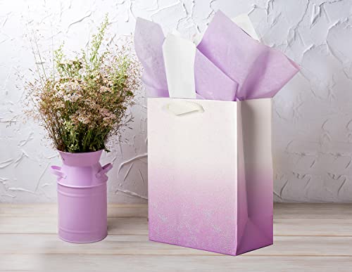 UNIQOOO 12Pcs Ombre Purple Gift Bags Bulk w/ 24 Tissue Paper, 9 x 7 x 4 In, Gradient Pastel Glitter Paper Gift Wrap Bag, Recyclable Gift Packaging for Wedding Birthday Mother's Day Baby Shower Party Favor Décor