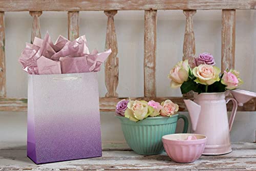 UNIQOOO 12Pcs Ombre Purple Gift Bags Bulk w/ 24 Tissue Paper, 9 x 7 x 4 In, Gradient Pastel Glitter Paper Gift Wrap Bag, Recyclable Gift Packaging for Wedding Birthday Mother's Day Baby Shower Party Favor Décor