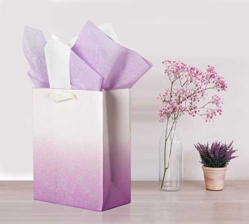 UNIQOOO 12Pcs Ombre Purple Gift Bags Bulk w/ 24 Tissue Paper, 9 x 7 x 4 In, Gradient Pastel Glitter Paper Gift Wrap Bag, Recyclable Gift Packaging for Wedding Birthday Mother's Day Baby Shower Party Favor Décor
