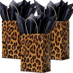 16 pcs leopard print gift bags with tissue jungle safari party favor bags and handles cheetah treat goodie bags animal print kraft paper bags for kids theme party decoration supplies, 8 x 6 x 3 inch