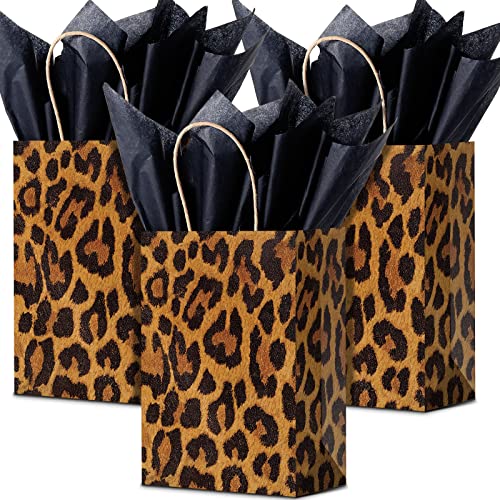 16 Pcs Leopard Print Gift Bags with Tissue Jungle Safari Party Favor Bags and Handles Cheetah Treat Goodie Bags Animal Print Kraft Paper Bags for Kids Theme Party Decoration Supplies, 8 x 6 x 3 Inch