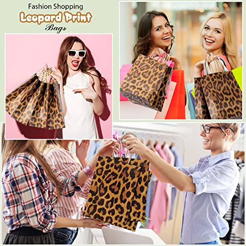 16 Pcs Leopard Print Gift Bags with Tissue Jungle Safari Party Favor Bags and Handles Cheetah Treat Goodie Bags Animal Print Kraft Paper Bags for Kids Theme Party Decoration Supplies, 8 x 6 x 3 Inch