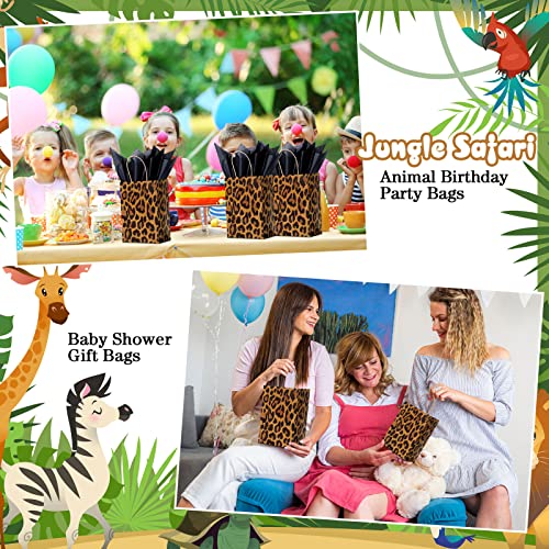 16 Pcs Leopard Print Gift Bags with Tissue Jungle Safari Party Favor Bags and Handles Cheetah Treat Goodie Bags Animal Print Kraft Paper Bags for Kids Theme Party Decoration Supplies, 8 x 6 x 3 Inch