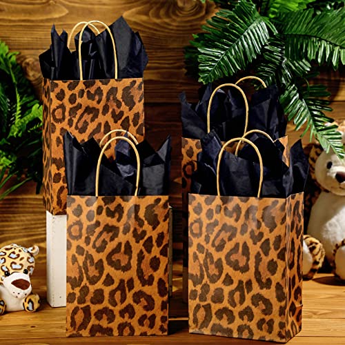 16 Pcs Leopard Print Gift Bags with Tissue Jungle Safari Party Favor Bags and Handles Cheetah Treat Goodie Bags Animal Print Kraft Paper Bags for Kids Theme Party Decoration Supplies, 8 x 6 x 3 Inch