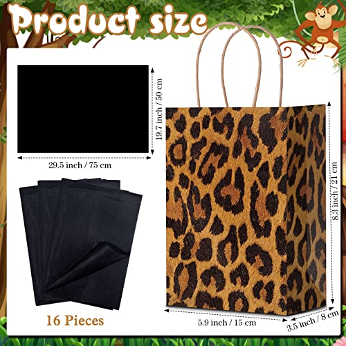 16 Pcs Leopard Print Gift Bags with Tissue Jungle Safari Party Favor Bags and Handles Cheetah Treat Goodie Bags Animal Print Kraft Paper Bags for Kids Theme Party Decoration Supplies, 8 x 6 x 3 Inch