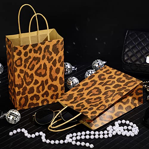 16 Pcs Leopard Print Gift Bags with Tissue Jungle Safari Party Favor Bags and Handles Cheetah Treat Goodie Bags Animal Print Kraft Paper Bags for Kids Theme Party Decoration Supplies, 8 x 6 x 3 Inch