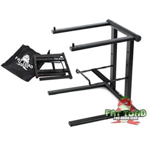 folding dj laptop stand with sub-tray shelf by fat toad | pro audio computer table top rack stand mount for ipads, mixer controller & tablets | portable pc gear clamp holder | stage booth, home office