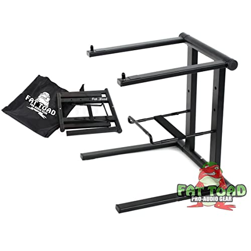 Folding DJ Laptop Stand with Sub-tray Shelf by FAT TOAD | Pro Audio Computer Table Top Rack Stand Mount for iPads, Mixer Controller & Tablets | Portable PC Gear Clamp Holder | Stage Booth, Home Office