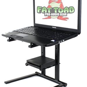 Folding DJ Laptop Stand with Sub-tray Shelf by FAT TOAD | Pro Audio Computer Table Top Rack Stand Mount for iPads, Mixer Controller & Tablets | Portable PC Gear Clamp Holder | Stage Booth, Home Office