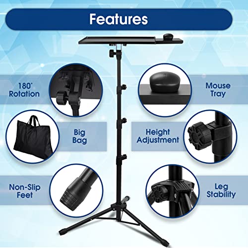 Projector Tripod Stand - Universal Tripod Stand for Projector and Laptop - Standing Laptop Stand with Connecting Mouse Tray and Adjustable Height from 23-63 inches - Tripod Desk for Stage and Studio