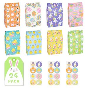 decorlife 24pcs easter treat bags, easter goodie bags for kids, paper bag bulk for candy, gift, party favors, eggs/chicks/bunny printing with 24pcs stickers included
