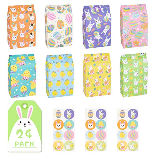 DECORLIFE 24PCS Easter Treat Bags, Easter Goodie Bags for Kids, Paper Bag Bulk for Candy, Gift, Party Favors, Eggs/Chicks/Bunny Printing with 24PCS Stickers Included