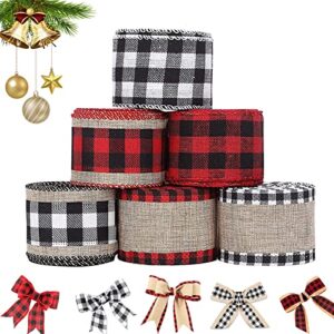 homshiam 6 rolls christmas burlap fabric ribbon , 30 yards buffalo check ribbon plaid wired edge ribbon for diy gift wrapping, wedding crafts christmas wreath bows decoratio