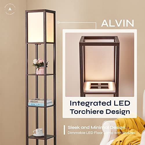 ATAMIN Alvin - 72" Dimmable LED Floor Lamp with Shelves, 3-Way Switching LED Shelf Floor Lamp, Modern LED Standing Lamp for Living Room and Bedroom, Brown