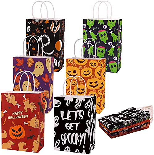 DIYDEC 24pcs Halloween kraft gift bags,Halloween goodies paper bags Bulk with handles for Halloween party supplies