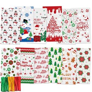 colorbib 216pcs christmas cellophane treat bags with 220pcs twist ties, christmas candy bags penguin and snowman 12 assorted pattern snack goodie bags for christmas party supplies