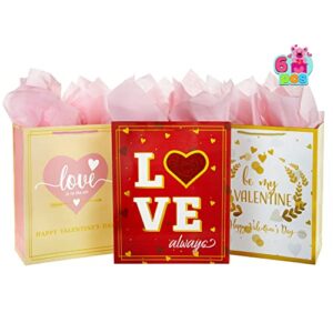 joyin 6 pcs valentine’s day gift bags with tissue paper and handles, super large 5.5 x13 x16 inch, kraft bags with 3 designs for kids party favor, classroom exchange prizes, present wrapping