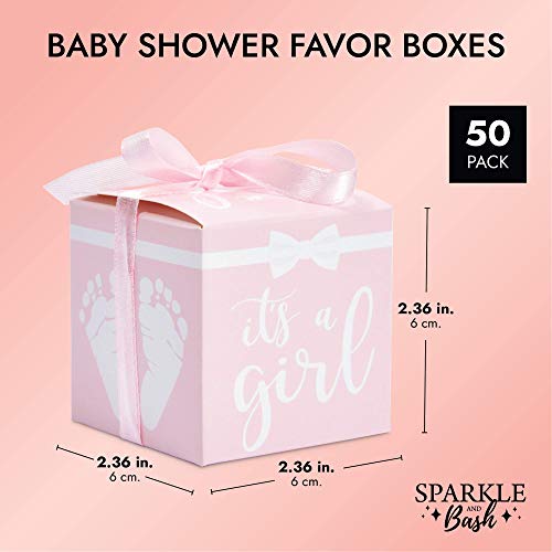 Sparkle and Bash Its a Girl Baby Shower Party Favor Boxes with Ribbons (Pink, 50 Pack)