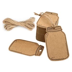 thank you vintage style mason jar shaped tags, 100pcs brown kraft paper gift tags with natural jute twine for diy and craft, canning jars and party favors (brown)