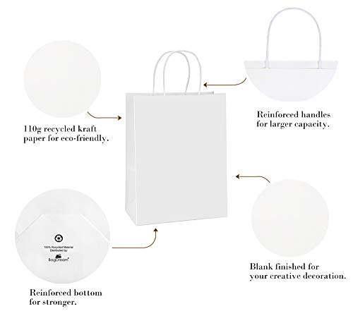 BagDream Paper Bags 10x5x13 50Pcs White Kraft Paper Gift Bags, Shopping Bags, Merchandise Bags, Retail Bags, Party Favor Bags, Gift Bags with Handles Bulk, 100% Recyclable Paper Bags