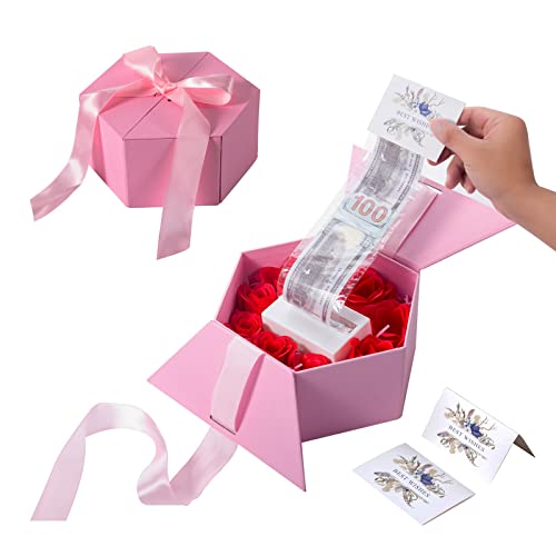 JSUPMKJ Money Box for Cash Gift Pull, Money Roll Gift Box with Flower, 9 inches Large Gift Ribbon Box, Surprise Money Gift Box for Birthday/Christmas/Valentine's Day