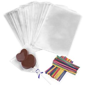 beasea 4 x 6 inches treat bags cello bags, cellophane bags 300pcs cake pop treat cello bags for lollipop with 4 mix colors twist ties for bakery popcorn cookies candies dessert