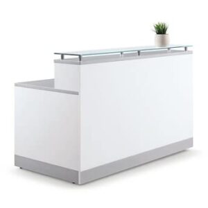 nbf signature series esquire glass top reception desk – 63″ w x 32″ d white laminate/silver laminate desktop kickplate and accents/glass top