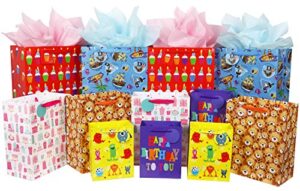 12 pcs kids gift bags, large, medium and small gift bags assortment for birthday, party favors, celebrate (assorted sizes)