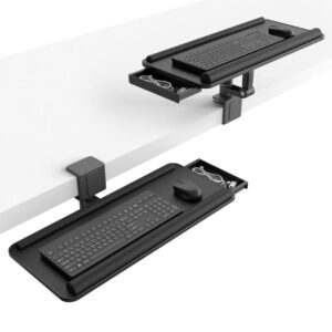 tilt&height adjustable keyboard tray under desk or above desk – klearlook 2 in 1 pu leather clamp-on rotating keyboard platform w/wrist rest&drawer(under desk,upon desk),25×11″sit stand keyboard riser