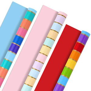 hallmark reversible rainbow wrapping paper (3 rolls: 75 sq. ft. ttl) pastel, jewel tone, classic stripes, solid pink, blue, red for easter, birthdays, weddings, bridal showers, baby, back to school