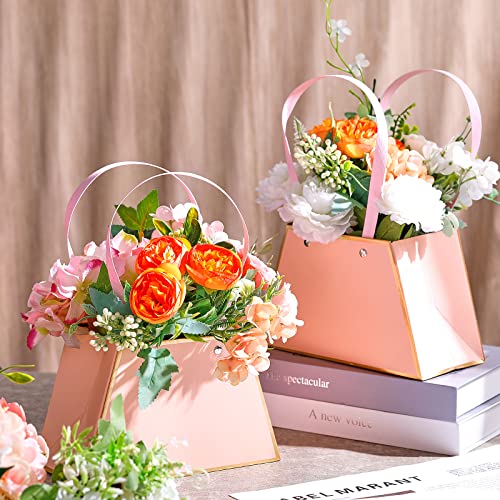 8 Pieces Wedding Portable Gift Bag Bouquet Wrapping Paper Bag Waterproof Flower Boxes for Arrangements with Handle Empty Florist Packaging Floral Gift Bag for Birthday Graduation Mother's Day (Pink)